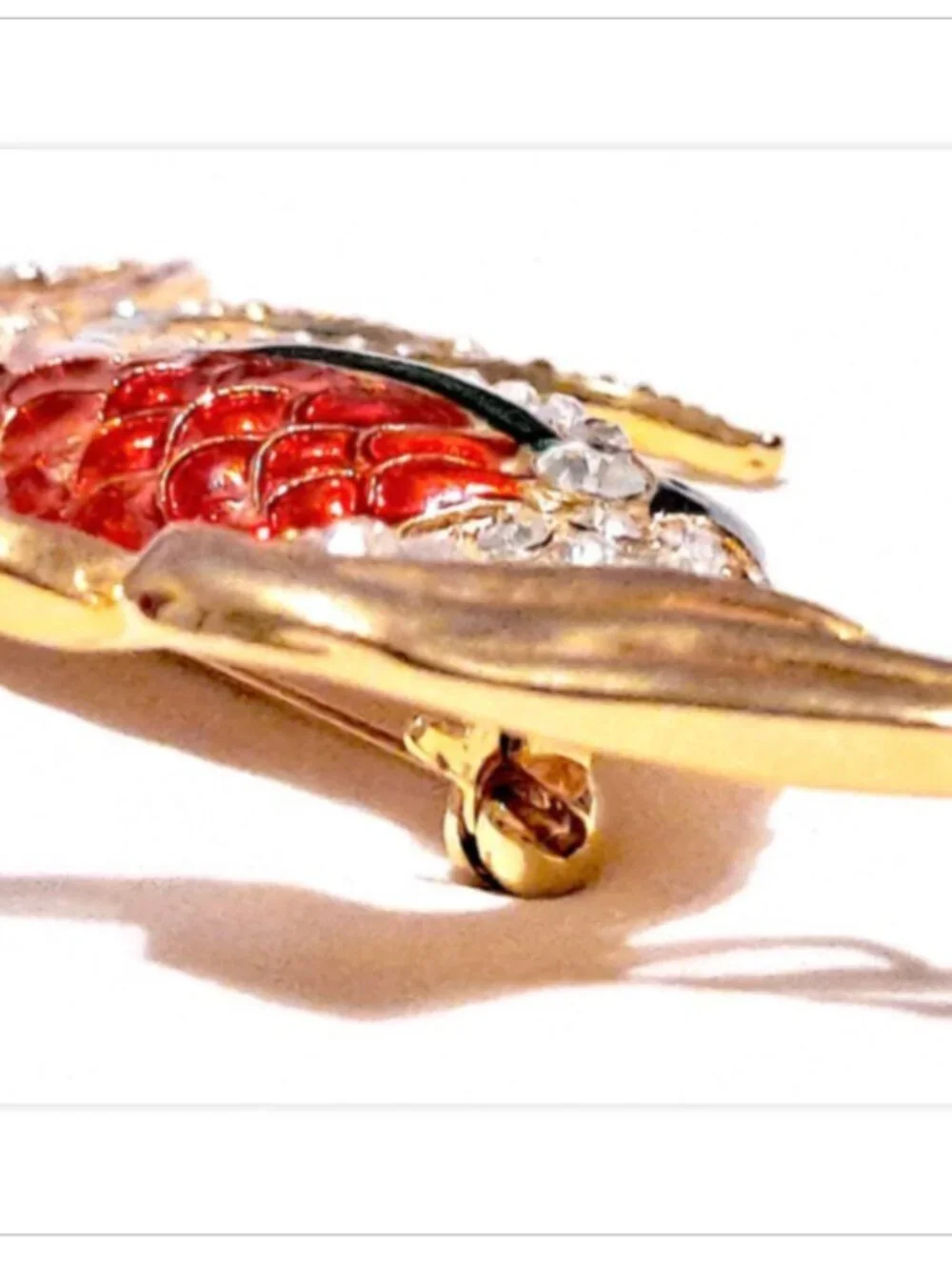 Large Bird of Paradise Brooch Pin Gold Tone Enamel Rhinestone 4”